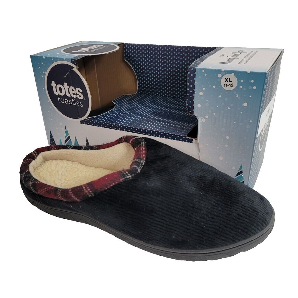 Totes Slide Slippers Mens XL 11-12 Black Corduroy Faux Fur Lined‎